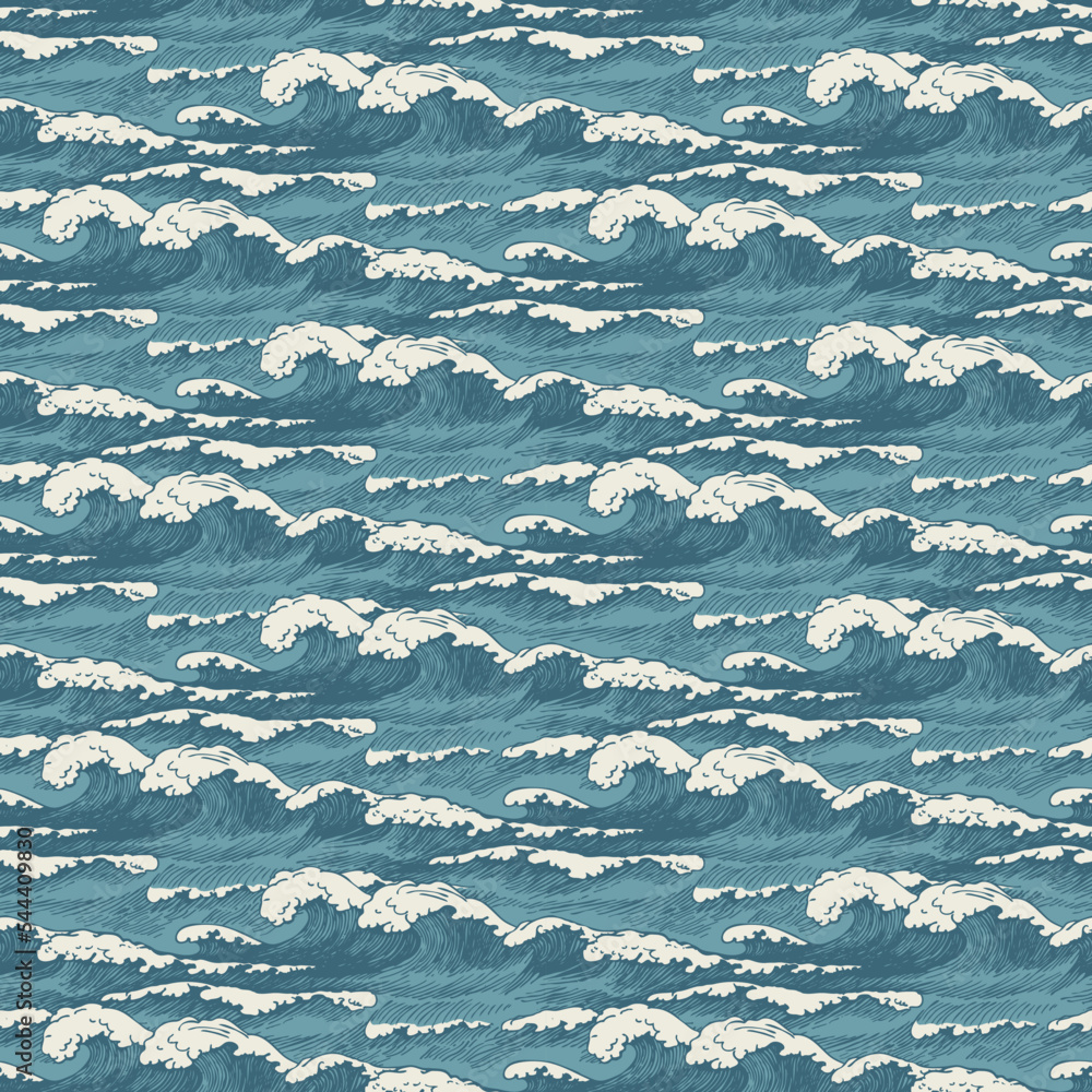 Poster vector seamless pattern with hand-drawn waves in retro style. decorative repeating illustration of s