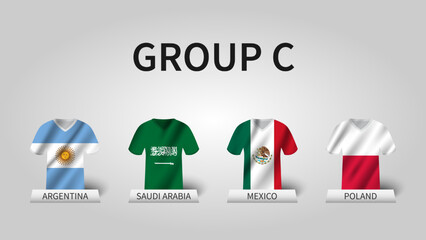 Qatar soccer cup tournament 2022 . Group C stages . Waving jersey with country flag pattern . Vector .