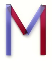 Letter M made of several colored glass simple geometric shapes lying on top of each other with 3D effect and shadows on white background, 3d rendering