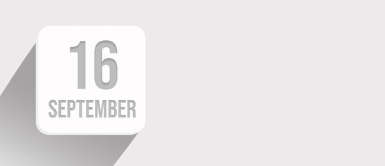 September 16th. Day 16 of month, Calendar date. Calendar leaf icon on white with sunlight and long shadow, flat design. Autumn month, day of the year concept.