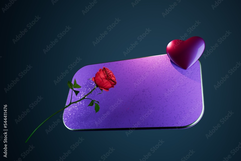 Poster the concept of a declaration of love. text table with a heart and a rose on a black background. 3d r