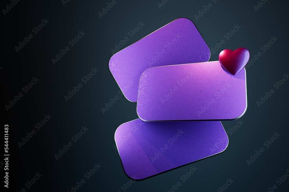 Poster purple plates to place text with a heart on a black background. copy paste, copy space. 3D render