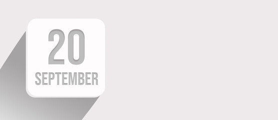 September 20th. Day 20 of month, Calendar date. Calendar leaf icon on white with sunlight and long shadow, flat design. Autumn month, day of the year concept.