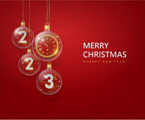 Fototapeta na wymiar Happy new year 2023. Festive design with Christmas decorations, balls, streamer and glitter.