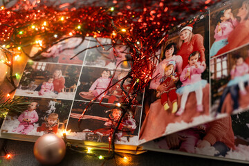 Photos of family against Christmas lights decor background