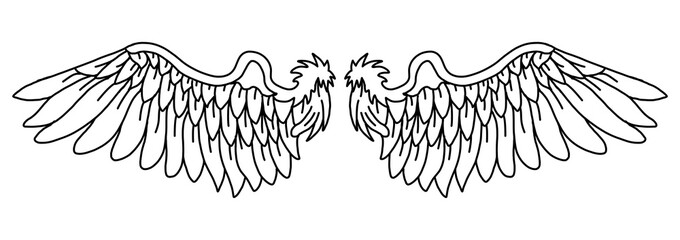Angel Wings Hand drawn doodle, Feather wings colouring page, line art wings, Illustration Angel Wings
