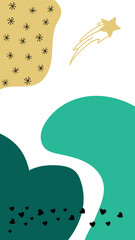 Christmas Social media stories and post templates. Background template with copy space for text and images. Abstract shapes in green and golden colors. Black dots and snowflakes. Christmas star.