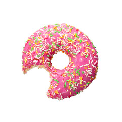 One bite missing of donut with pink icing