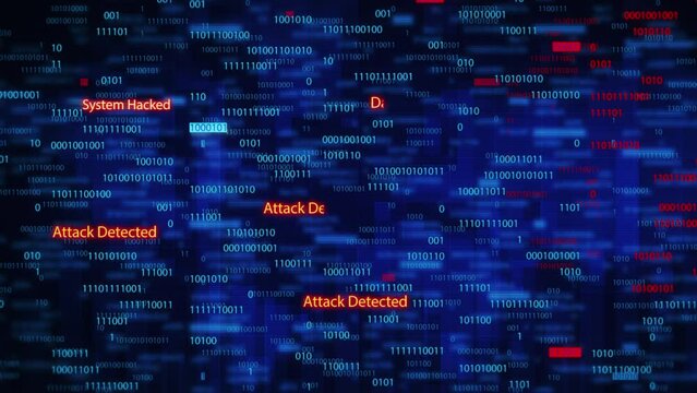 
 Security Breach Concept, Warning Texts in Virtual Environment. System Hacked. Virus And Malware Detected. Binary Data Code Animation Showing Warning Messages In Virtual Environment. Data Theft.
