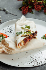 Shawarma sandwich gyro fresh roll of lavash chicken beef shawarma falafel RecipeTin Eatsfilled with grilled meat, mushrooms, cheese. Traditional Middle Eastern snack