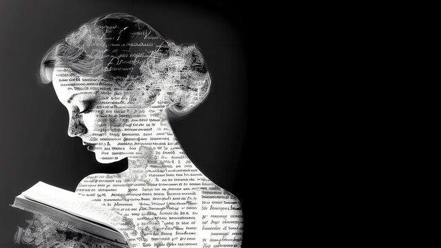 abstract double exposure between an AI generated beautiful woman reading a book and handwritten text, black and white, space for copy - this image doesn't require model release