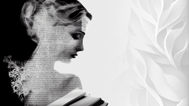 abstract double exposure between an AI generated beautiful woman reading a book and handwritten text, black and white, space for copy - this image doesn't require model release