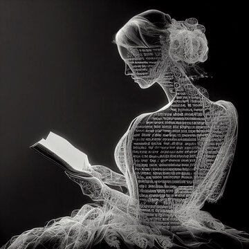 abstract double exposure between an AI generated beautiful woman reading a book and handwritten text, black and white - this image doesn't require model release