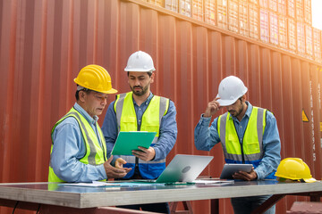 The foreman team has a meeting in the cargo container area.  Container import export and logistic concept