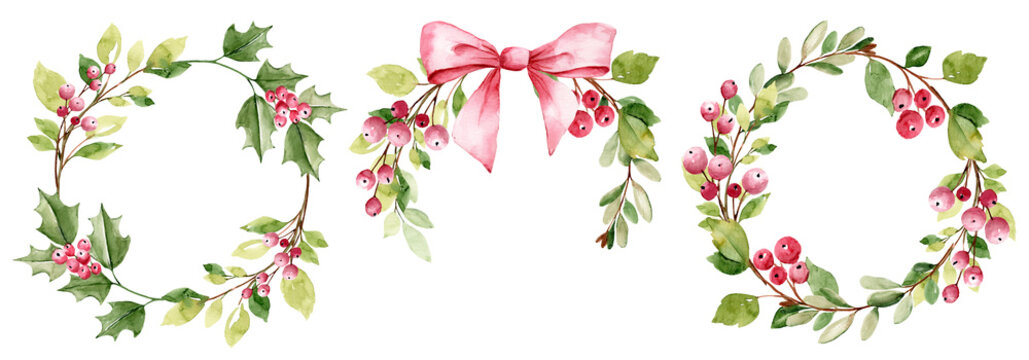 Christmas set, watercolor holly, wreath with branches and red berries on white background. Hand painting retro winter holiday design.
