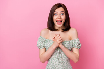 Photo of astonished satisfied lady open mouth raises palms arm glad see summer sales stand empty...