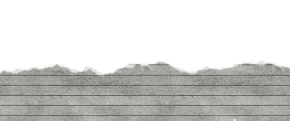Torn, ripped piece of horizontal grey crumpled paper with cut edges and lines at the bottom