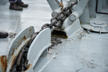 Mooring heavy duty anchor chain detail on a military ship