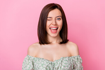 Portrait of gorgeous romantic playful lady winking eye flirting boyfriend go date isolated on pink...