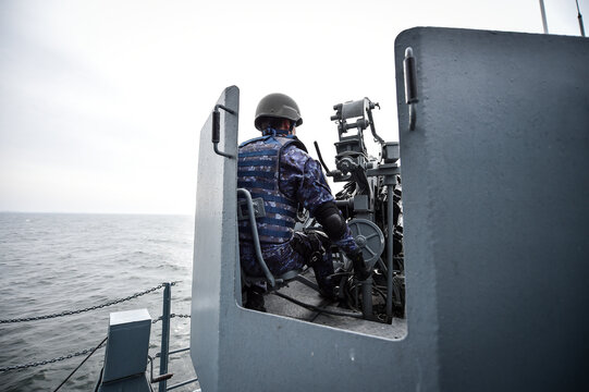 Big anti aircraft gun on a military ship