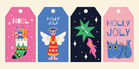 Christmas and New Year gift tags and cards. Winter cozy elements, cartoon style. Trendy modern vector illustration, flat