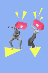 Collage photo of young couple lovers dancing party for bloggers headless like symbol affection...