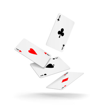 Four aces of diamonds, clubs, spades and hearts fall or fly on white background.