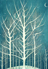 winter landscape with trees, cold colors, snowy trees winter, season, greeting card, Christmas, Christmas greetings, background, illustration, gen art