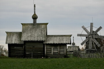Ancient wooden chapel in autumn on Kizhi island