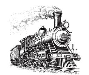 Steam locomotive old retro sketch hand drawn side view.Vector illustration.