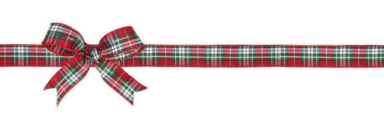 Red, green and white plaid Christmas gift bow and ribbon. Long border isolated on a white...