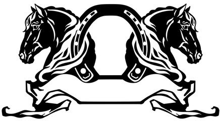 two heads of horses in profile. Silhouette. Logo, banner, emblem with horseshoe and ribbon scroll. Black and white side view vector