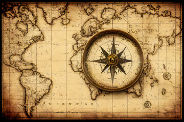Antique and vintage compass placed on an antique map. Background for design related to the history of objects and the geography of the world. Ideal for antique dealer or historian.