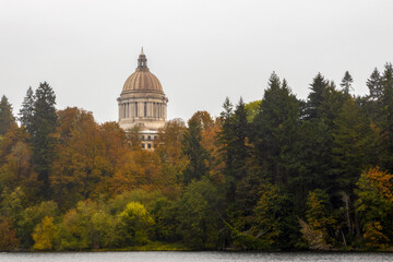 Scenic Autumn Landscape with the view of the Capitol Building in Marathon Park along Capitol Lake...