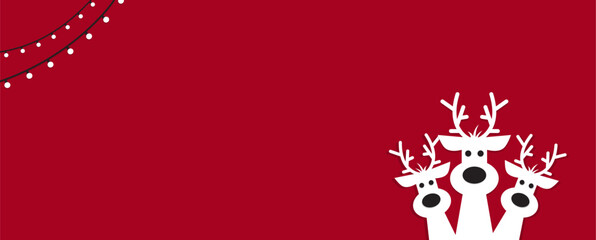 Cute Christmas reindeer on a red background. Christmas background, banner, or card. - obrazy, fototapety, plakaty