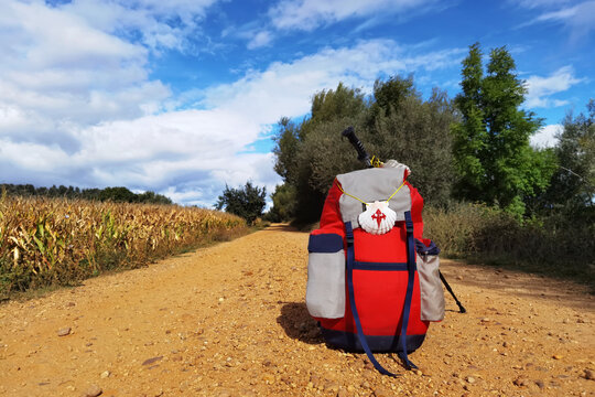 Way of St James , Camino de Santiago ,scallop shell on backpack  to Compostela , Galicia, Spain