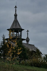 Ancient wooden chapel in autumn on Kizhi island