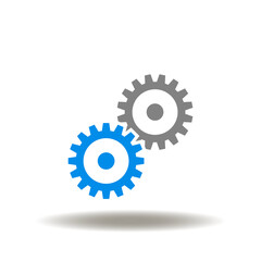 Vector illustration of gear wheels mechanism. Icon of cog wheel process and progress. Symbol of cooperation.