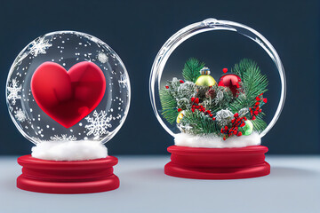 Christmas snow globe with red hearts symbolizing love and romance. For couples in love celebrating love, their engagement or their wedding for this December occasion. For invitation card.