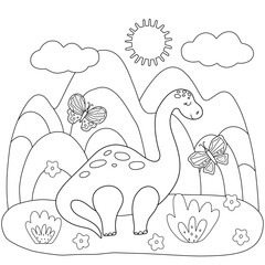 Coloring book for kids. Cute dinosaur and butterfly, mountains sketch. Black outline childish animal