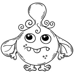 Isolated monster in white with a black outline. Illustration for colouring in. Cartoon alien. Cute round gremlin. Funny bogeyman.