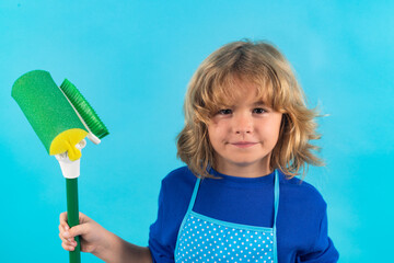 Child doing housework. Child mopping house, cleaning home. Detergents and cleaning accessories....