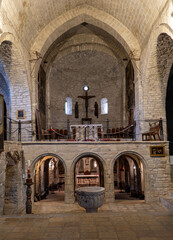 roda de isabena city huesca spain in the Pyrenees Cathedral of Saint Vincent, blue sky with clouds...