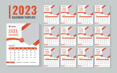 2023 New Year One page Wall Calendar Design Template. 12-month and one-page calendar, the week starts on Sunday. Modern corporate planner vector illustration.