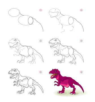 How to draw tyrannosaurus. Educational page for children. Creation step by step prehistoric animal illustration. Printable worksheet for kids school exercise book. Online education. Vector drawing.