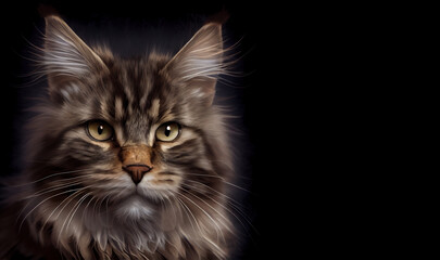 Fototapeta na wymiar Adorable maine coon on dark background, space for text. Portrait of a Main coon cat. Cute cat. Digital art