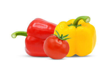 Red and yellow bell peppers with tomato isolated on white background. 