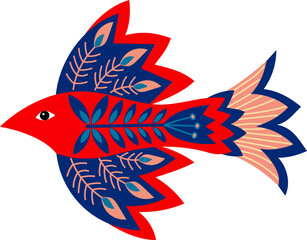 Illustration of a bird in folk art. Decor element.
