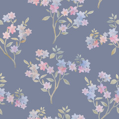 Abstract botanical pattern. Branch with leaves and flowers in a seamless pattern.