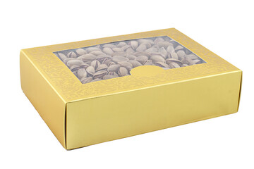 pistachios in a golden cardboard box, pistachios in an unprinted box